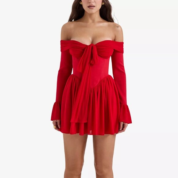 House of CB Scarlet Red Off Shoulder Bow Corset Mini Dress NWT - Picture 2 of 9